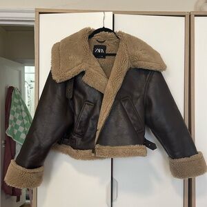 zara leather sherpa teddy moto jacket xl brown / tan
